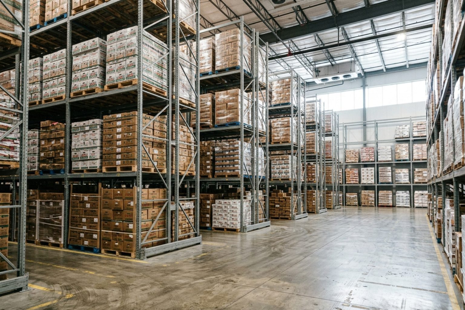 cold storage facility interior with high-density racking and bright industrial lighting - cold storage facility
