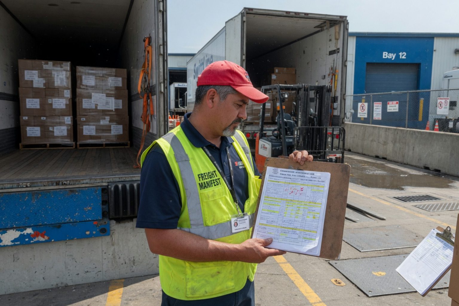 3pl transportation warehouse manager reviewing freight manifest at distribution dock - 3pl transportation