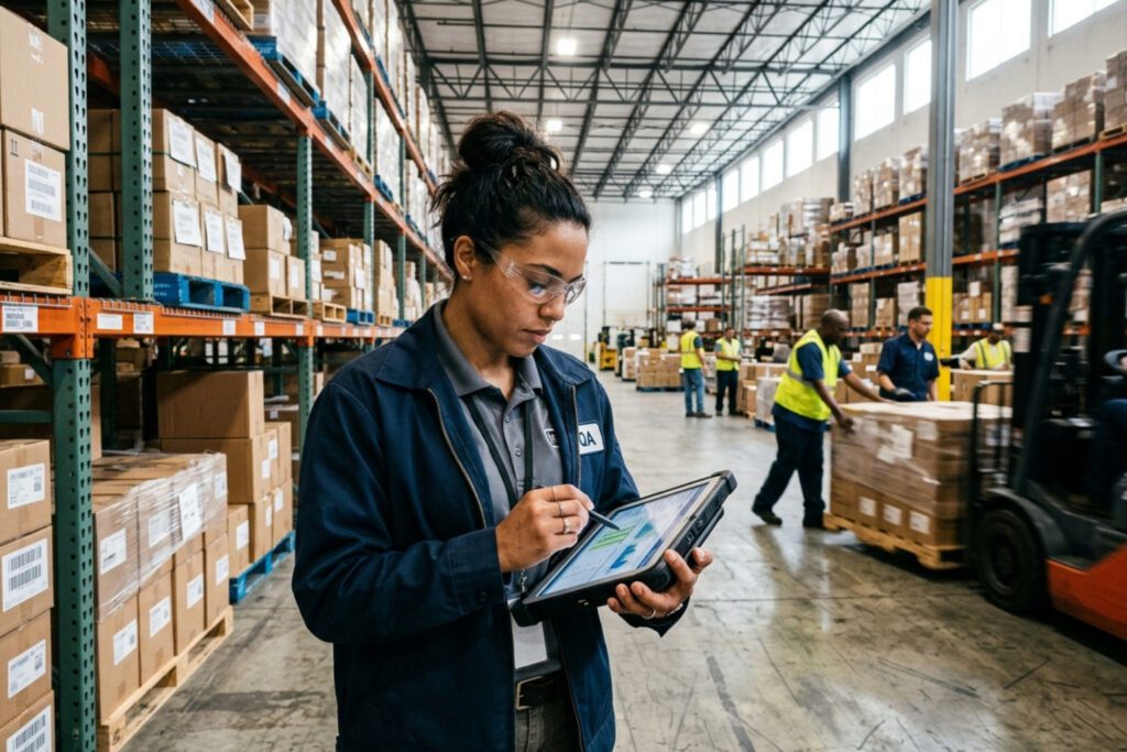 quality assurance logistics warehouse manager reviewing tablet - quality assurance logistics