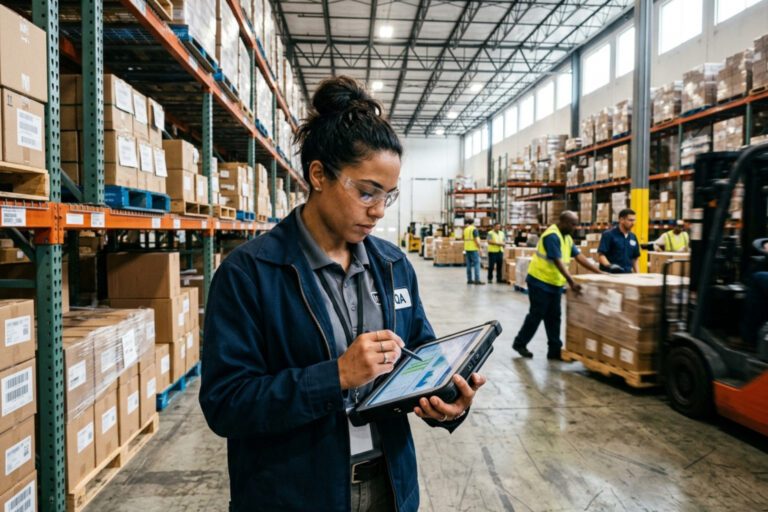 quality assurance logistics warehouse manager reviewing tablet - quality assurance logistics