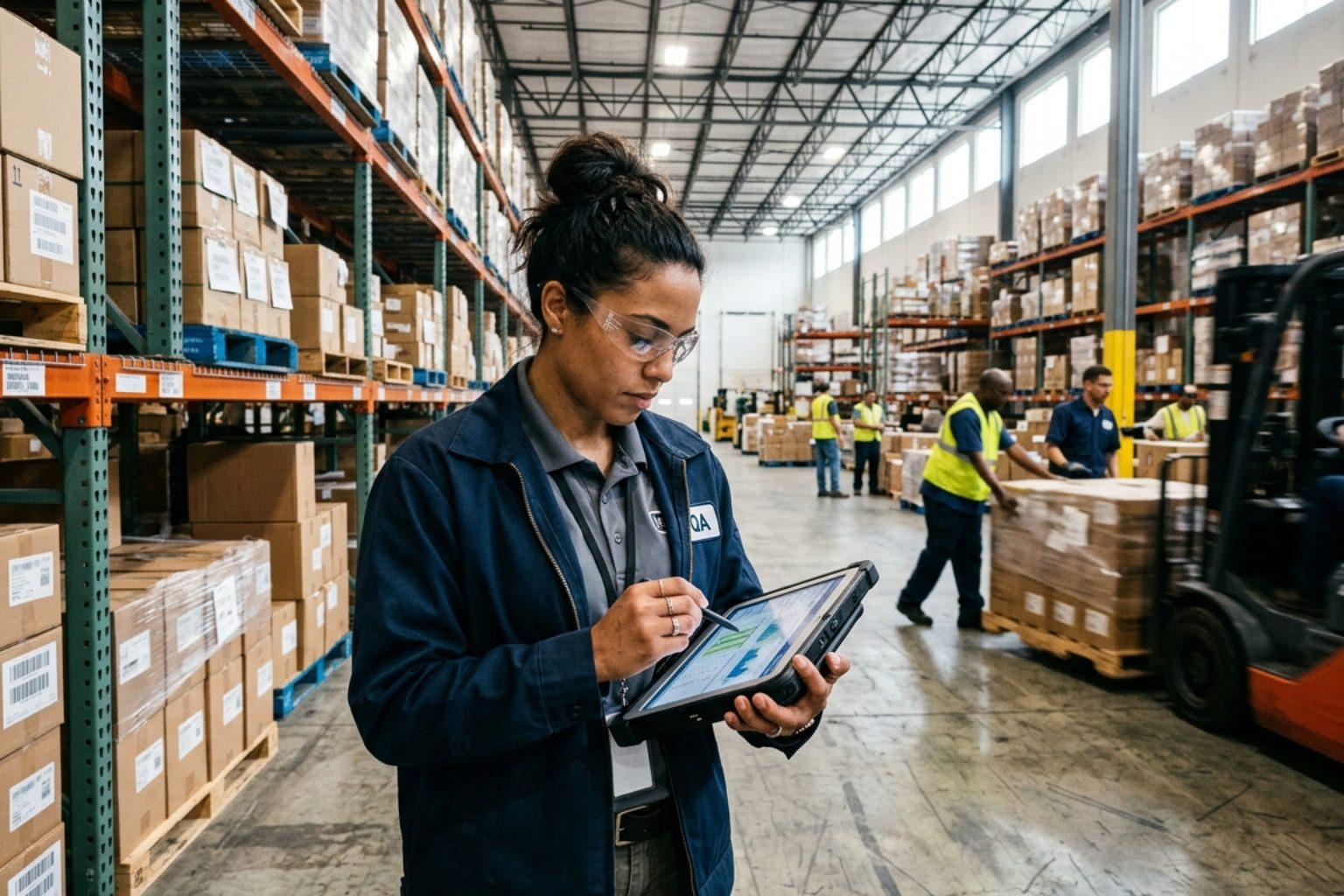 quality assurance logistics warehouse manager reviewing tablet - quality assurance logistics
