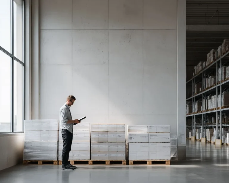 logistics professional standing next to pallets while reviewing documents