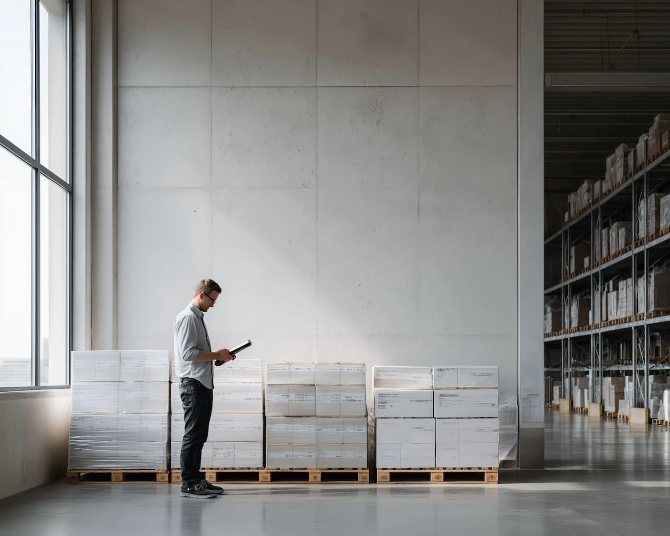 logistics professional standing next to pallets while reviewing documents
